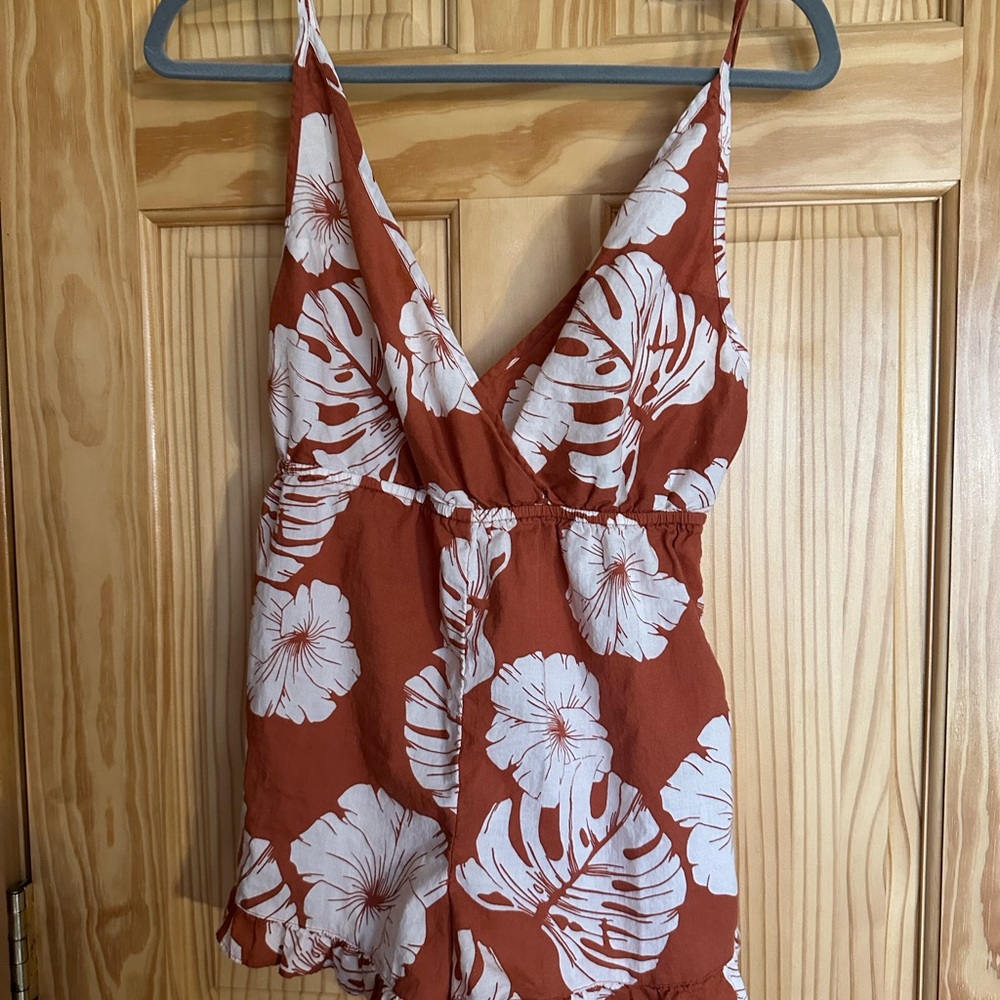 Roxy Burnt Orange and Cream One Piece Romper shorts with Tropical Print